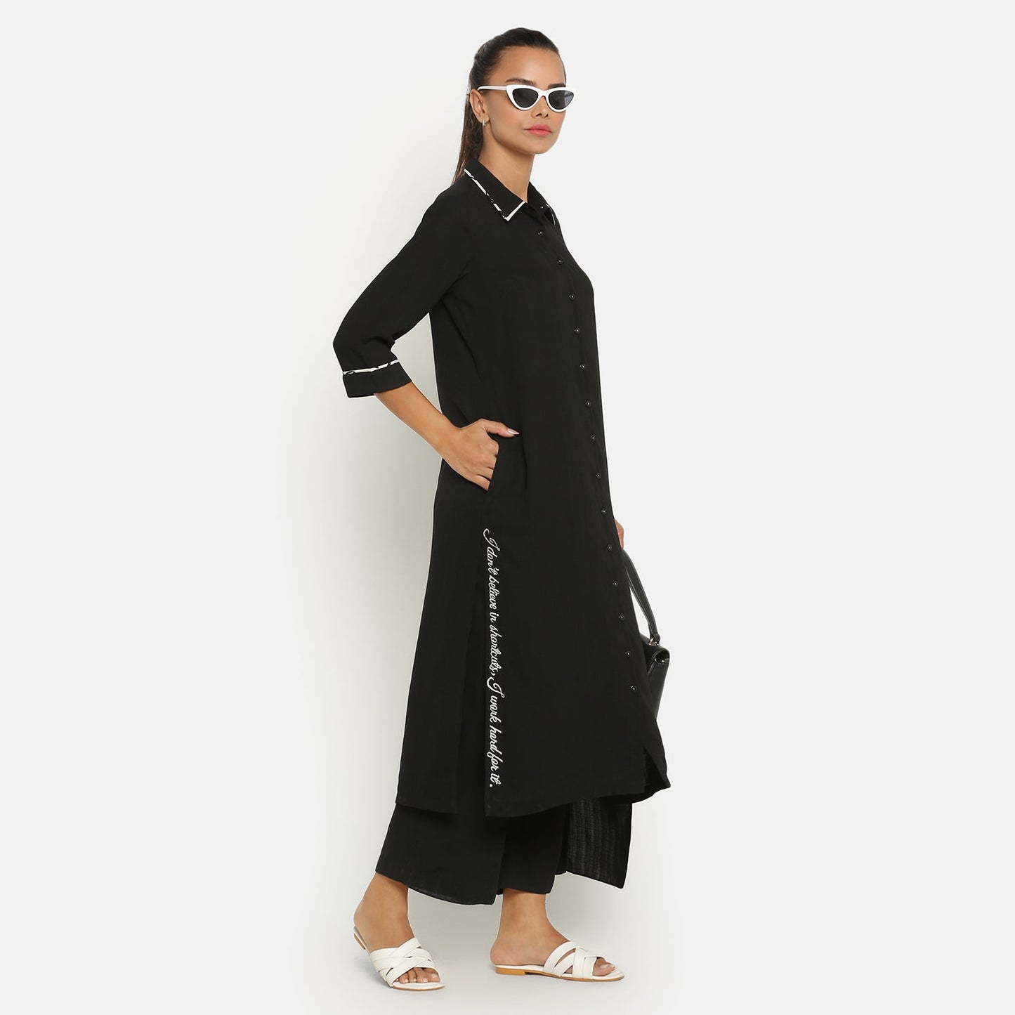 Black Shirt Collar Kurta With Embroidered Slit