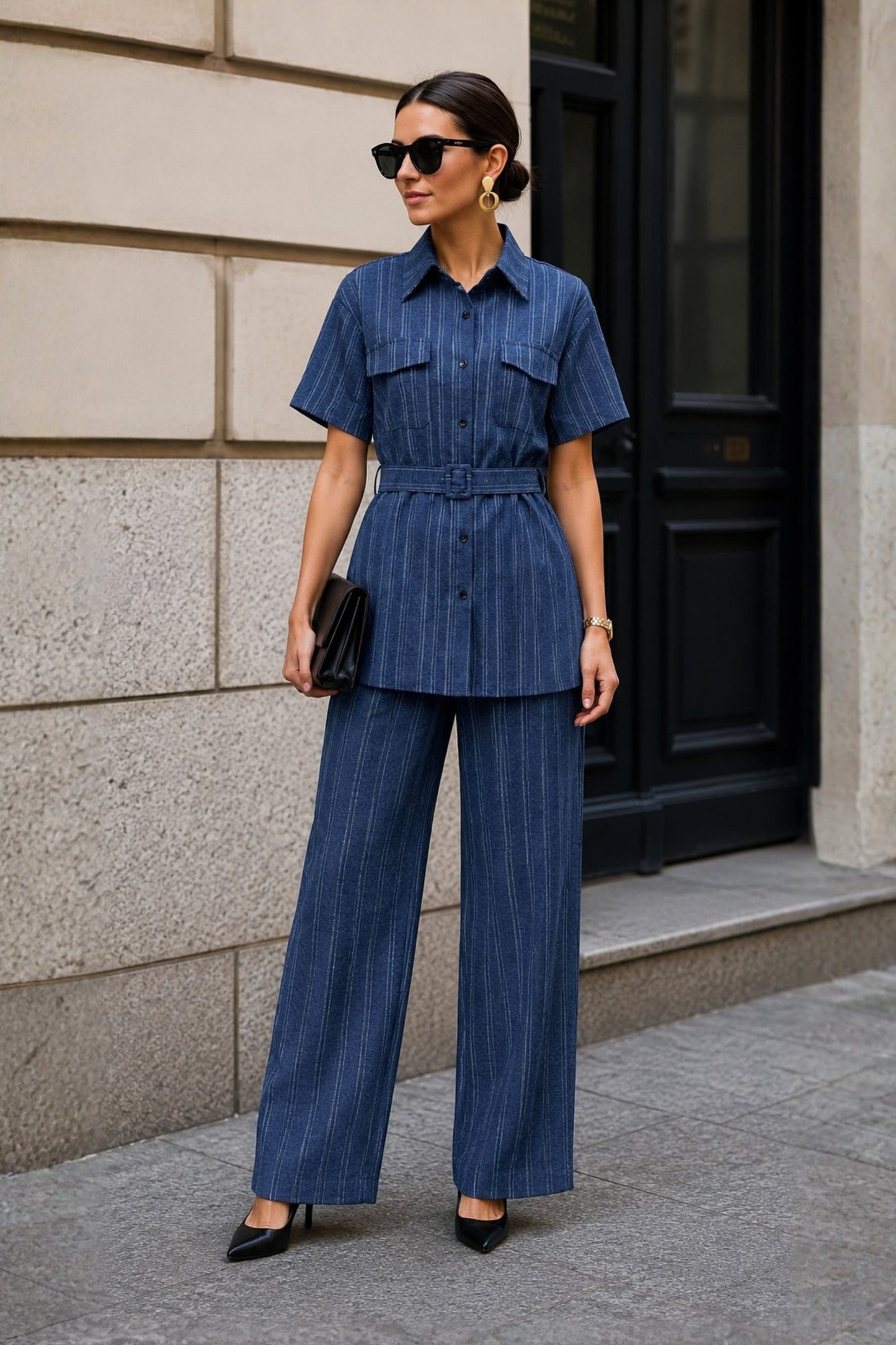 Indigo Stripe Utility Belted Co-ord Set
