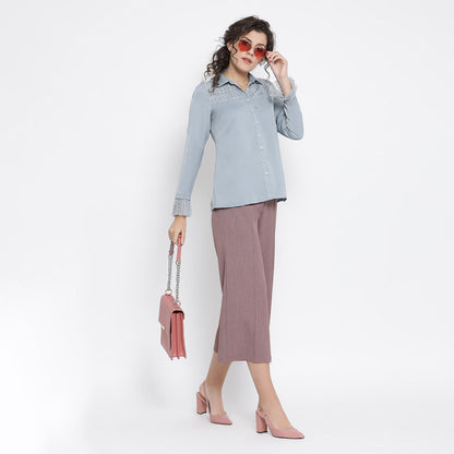 Blue Shirt With French Lace At Yoke And Sleeves