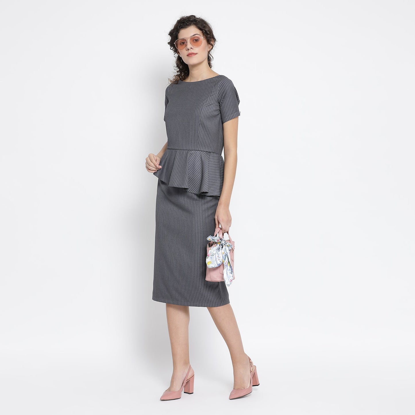 Grey Stripe Peplum Long Dress