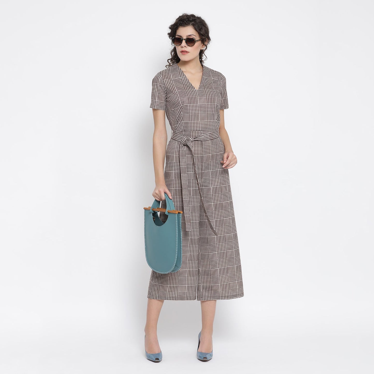 Brown Check Jumpsuit With Belt Knot