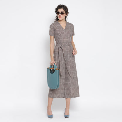 Brown Check Jumpsuit With Belt Knot