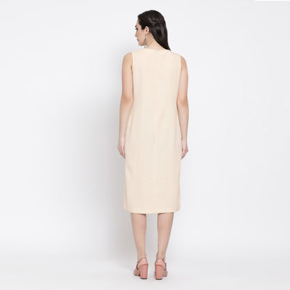 Off White Silk Linen Dress With Slit At Bottom