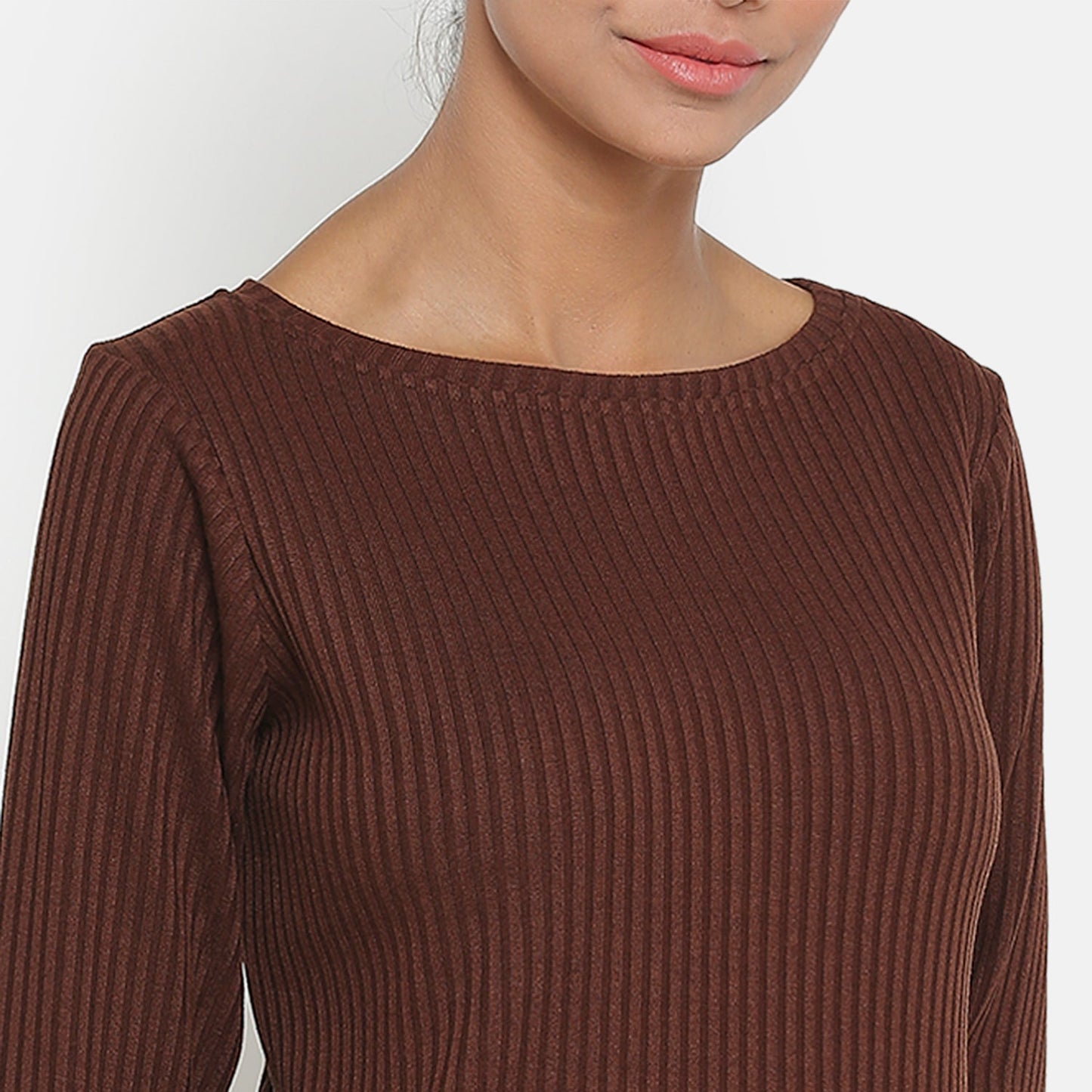 Brown Ribbed Top With Sleeves