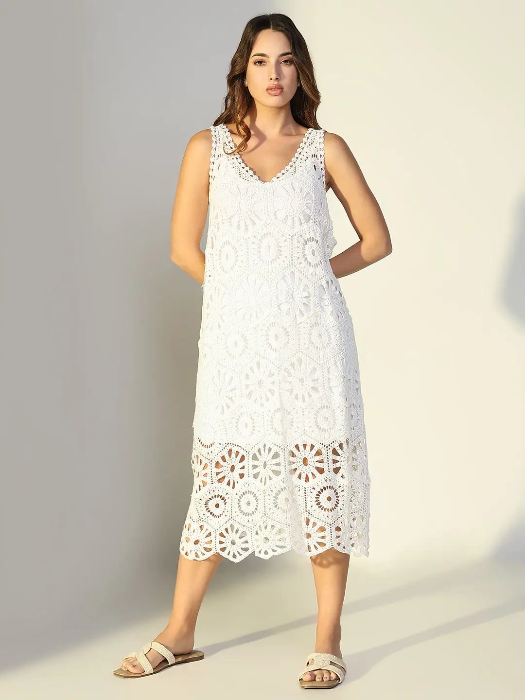 Women's Crochet White Cut Out V-Neck Dress