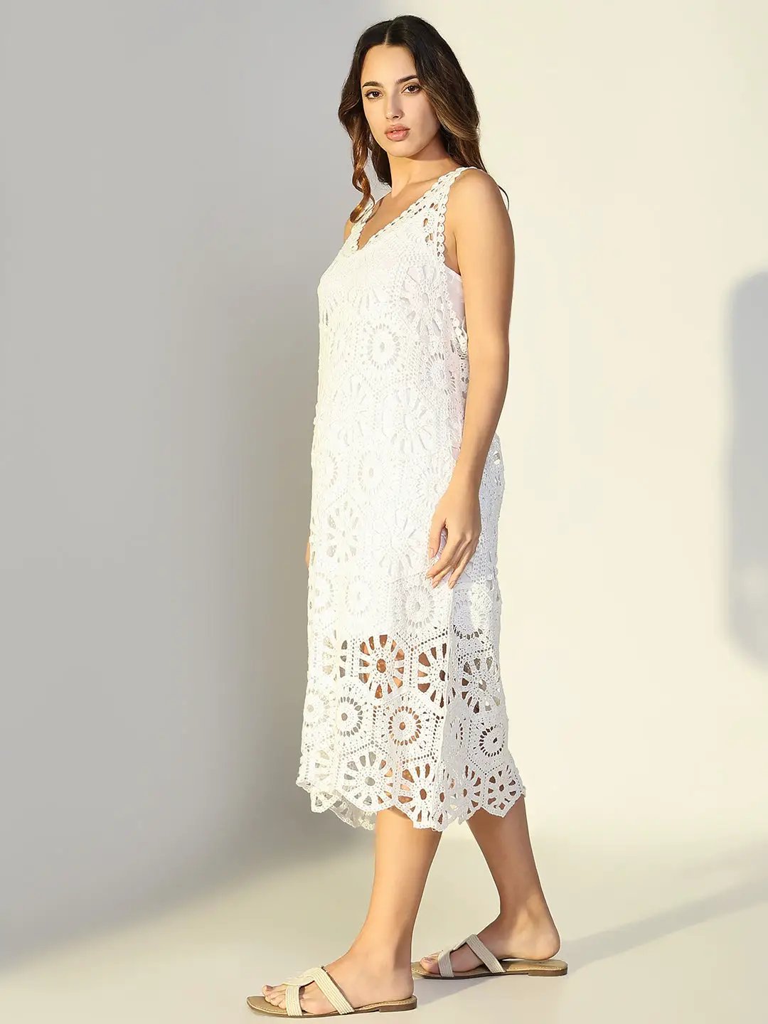 Women's Crochet White Cut Out V-Neck Dress