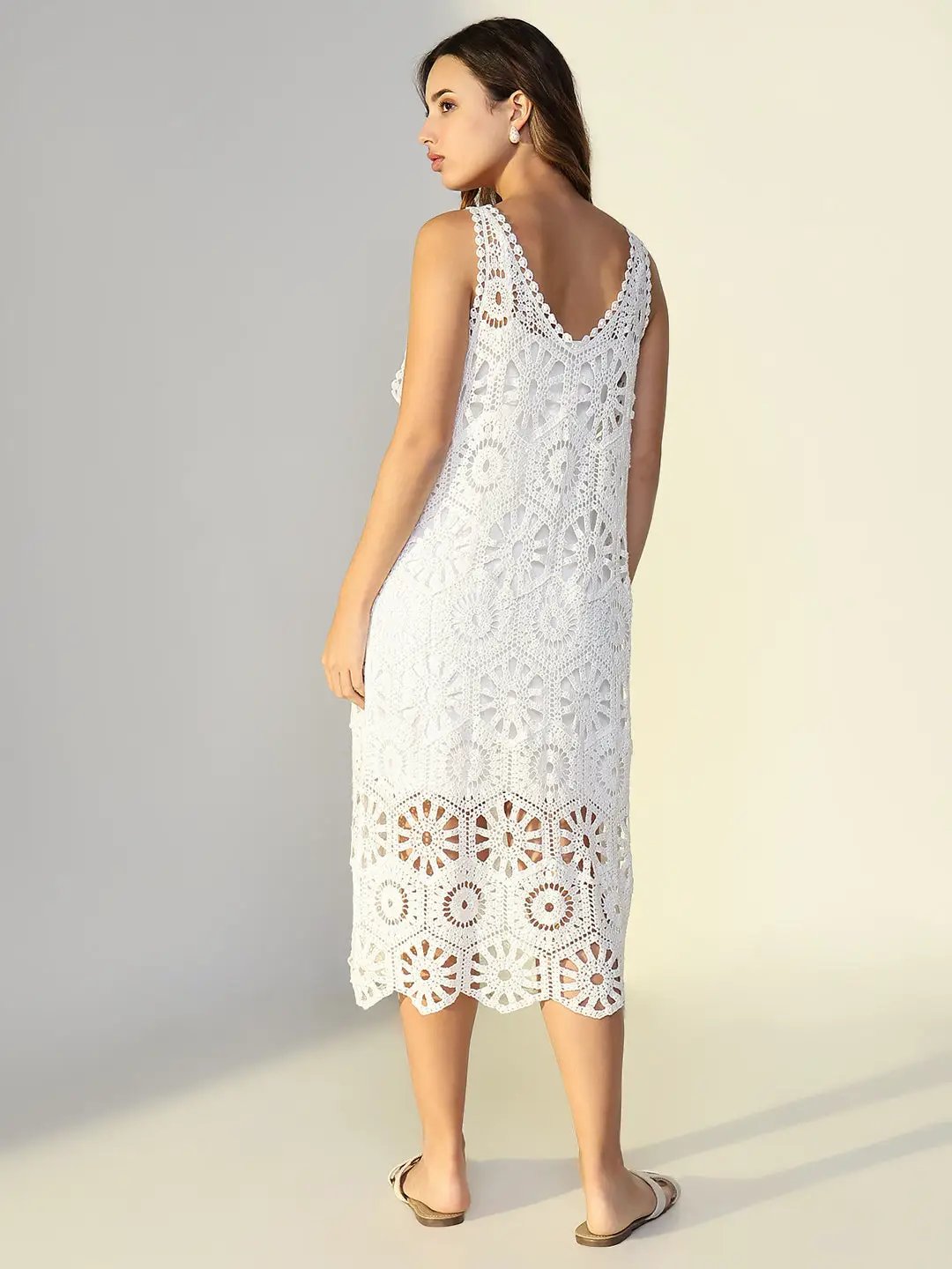 Women's Crochet White Cut Out V-Neck Dress