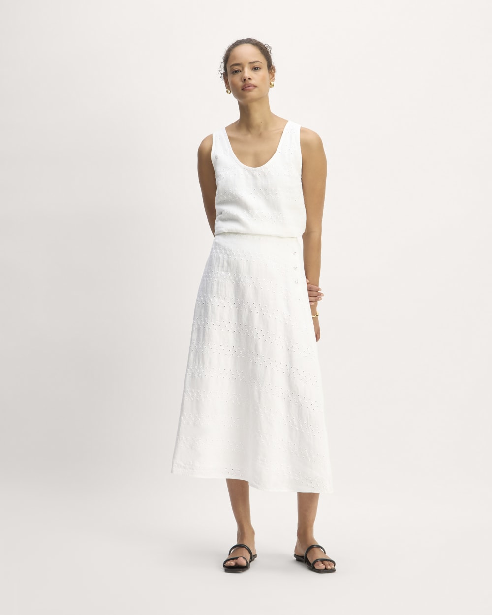 The Linen Eyelet Midi Skirt | White Eyelet
