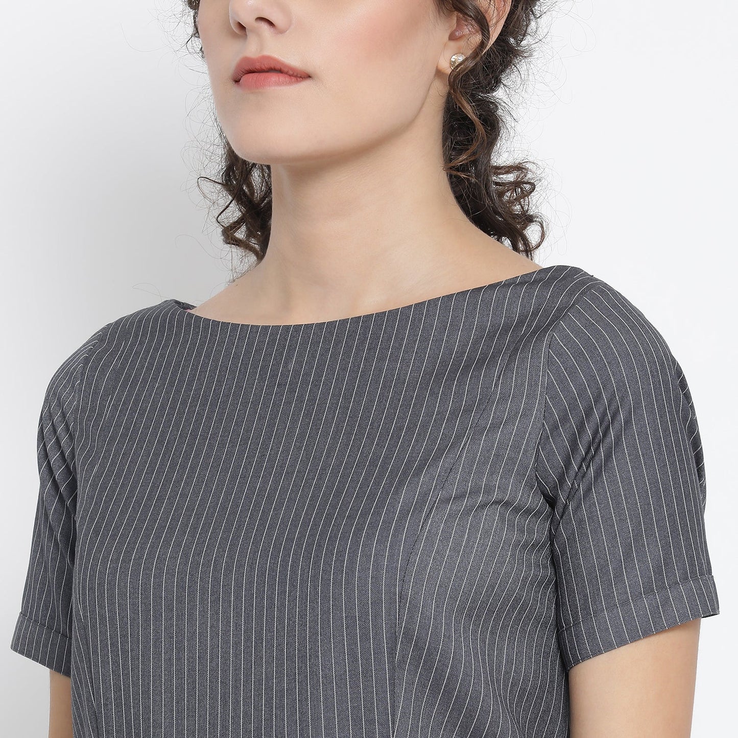 Grey Stripe Peplum Long Dress