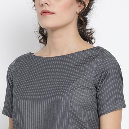 Grey Stripe Peplum Long Dress