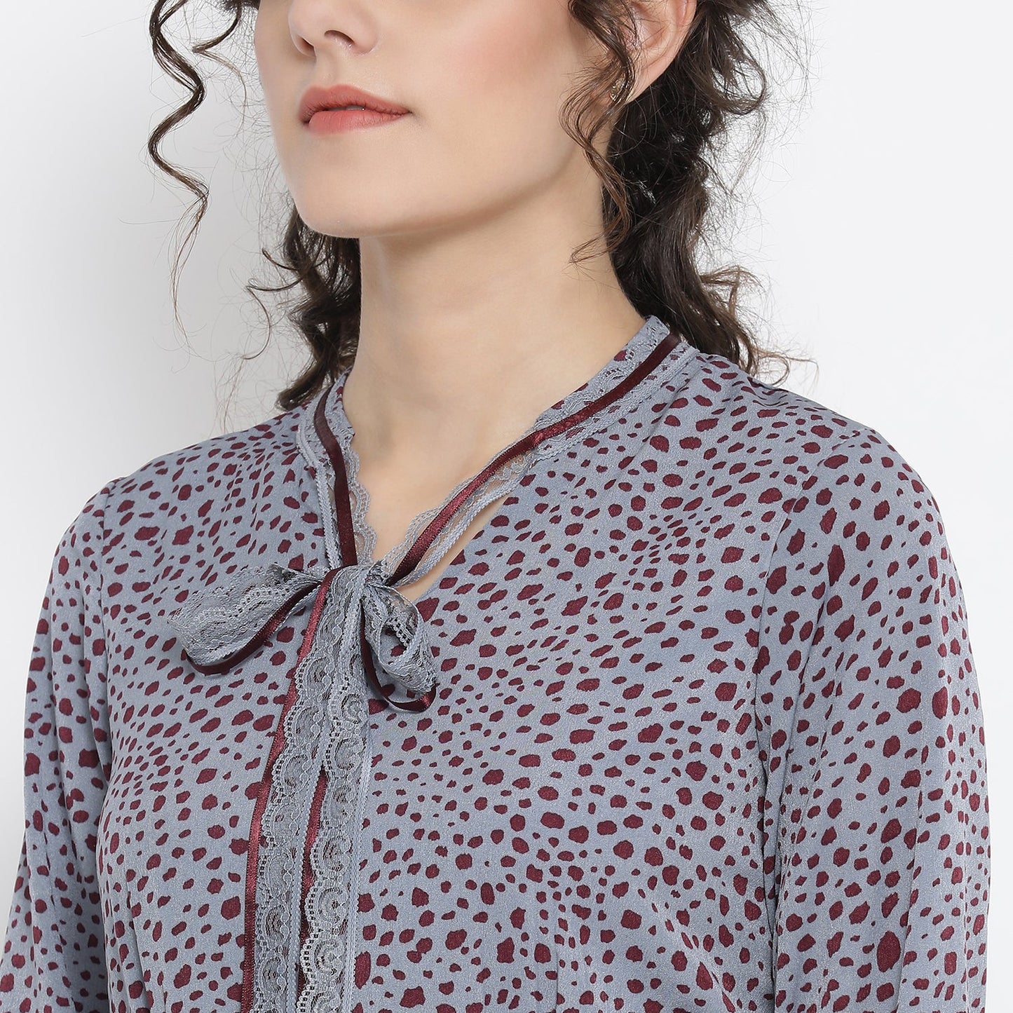 Teal Blue Animal Print Bias Dress With French Lace And Ribbon Tie Up