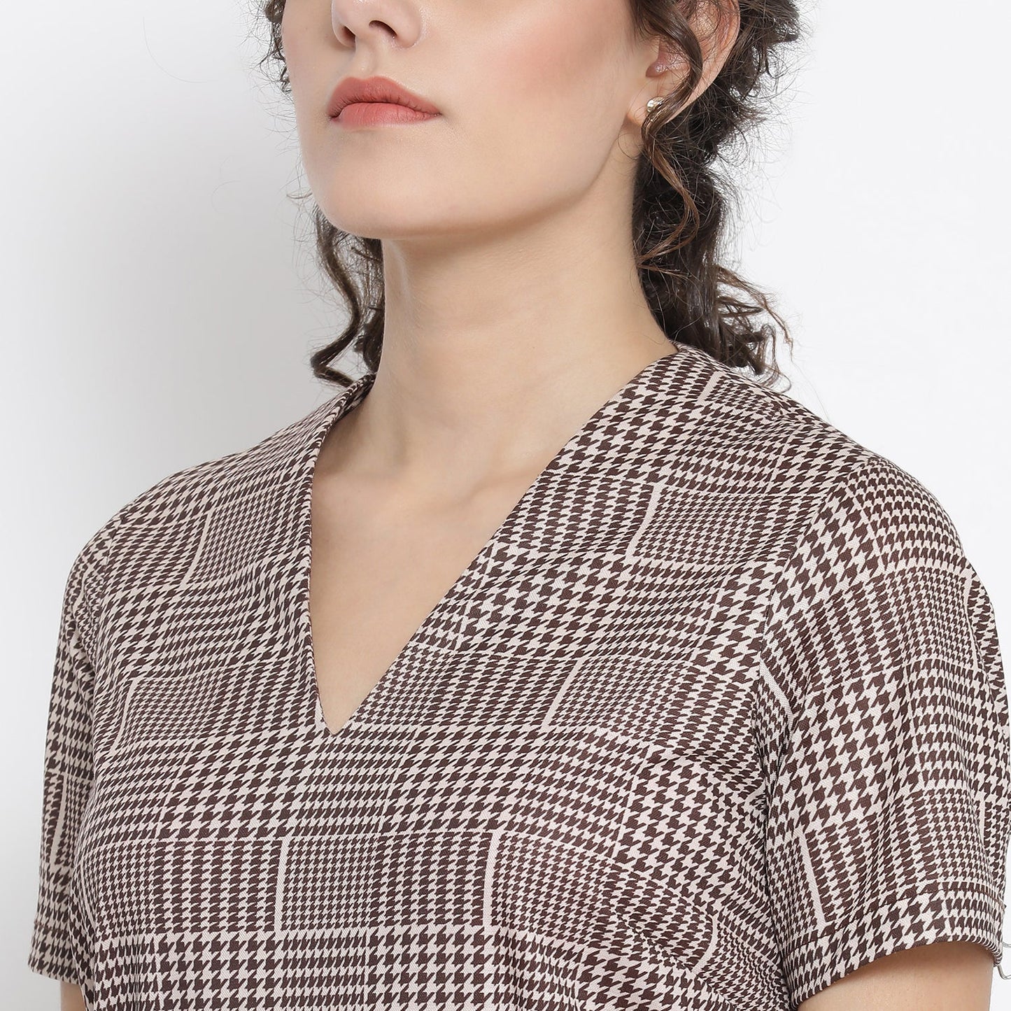 Brown Check Jumpsuit With Belt Knot