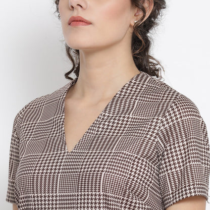 Brown Check Jumpsuit With Belt Knot