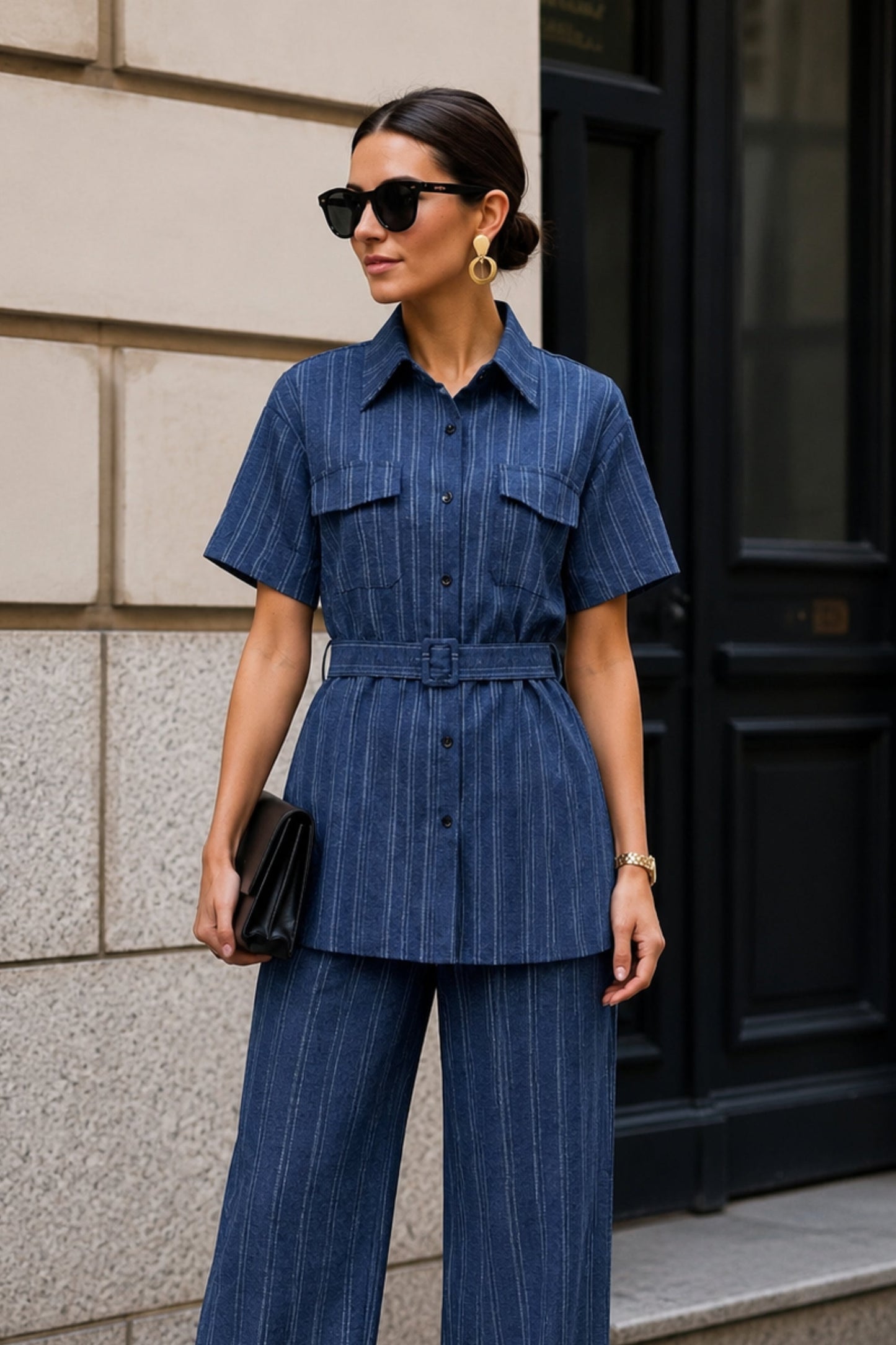 Indigo Stripe Utility Belted Co-ord Set
