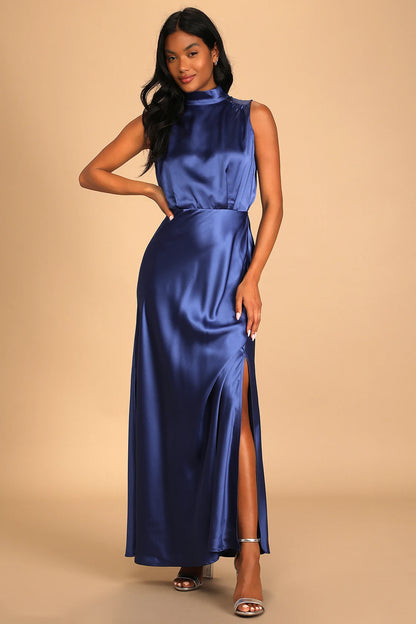 Classic Elegance Satin Sleeveless Mock Neck Maxi Dress