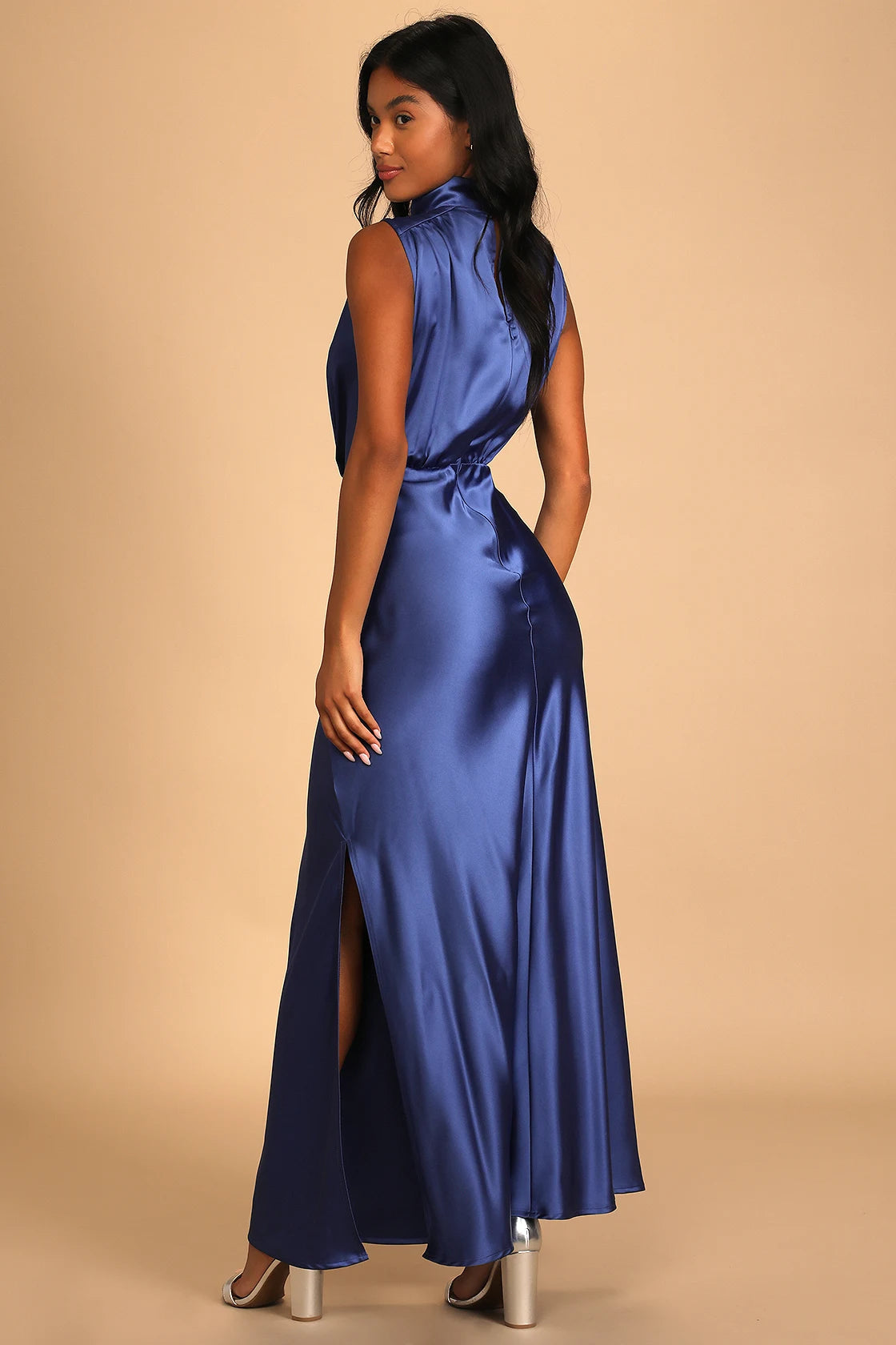 Classic Elegance Satin Sleeveless Mock Neck Maxi Dress