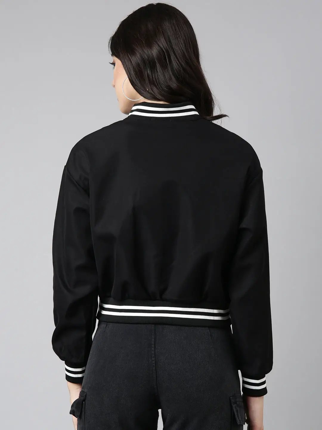 Women's Solid Black Crop Drop Shoulder Varsity Jacket