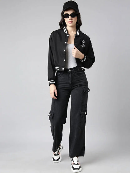 Women's Solid Black Crop Drop Shoulder Varsity Jacket