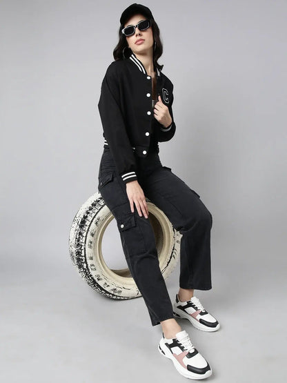 Women's Solid Black Crop Drop Shoulder Varsity Jacket