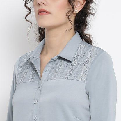 Blue Shirt With French Lace At Yoke And Sleeves