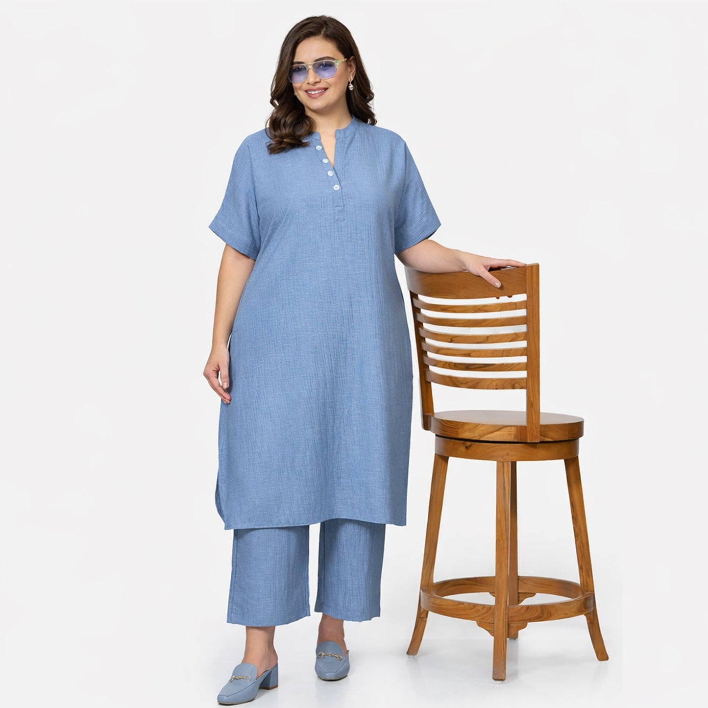 Blue Texture Line Kurta With Pocket