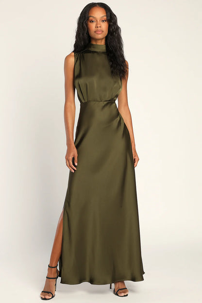 Classic Elegance Satin Sleeveless Mock Neck Maxi Dress
