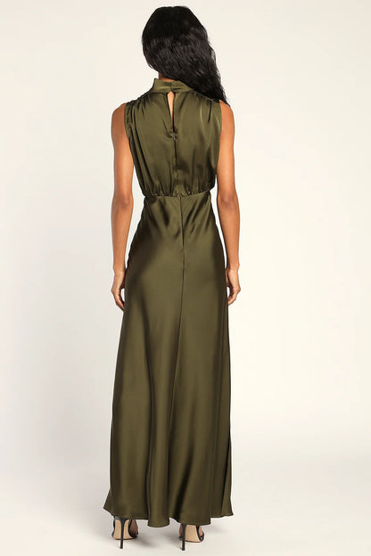 Classic Elegance Satin Sleeveless Mock Neck Maxi Dress