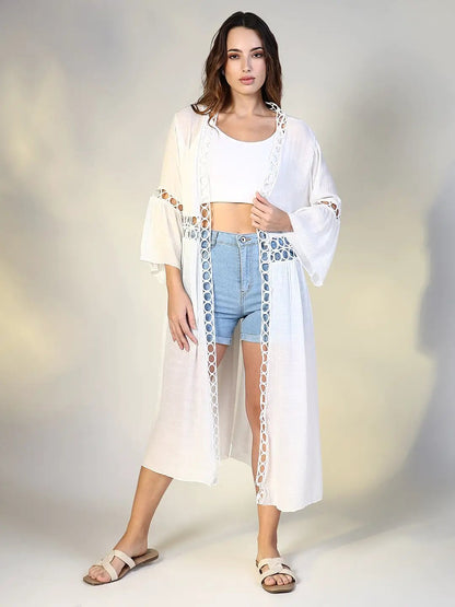 Women's White Cotton Bell sleeves Shrug with Cut Out Details