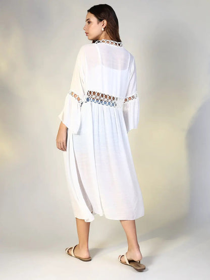 Women's White Cotton Bell sleeves Shrug with Cut Out Details