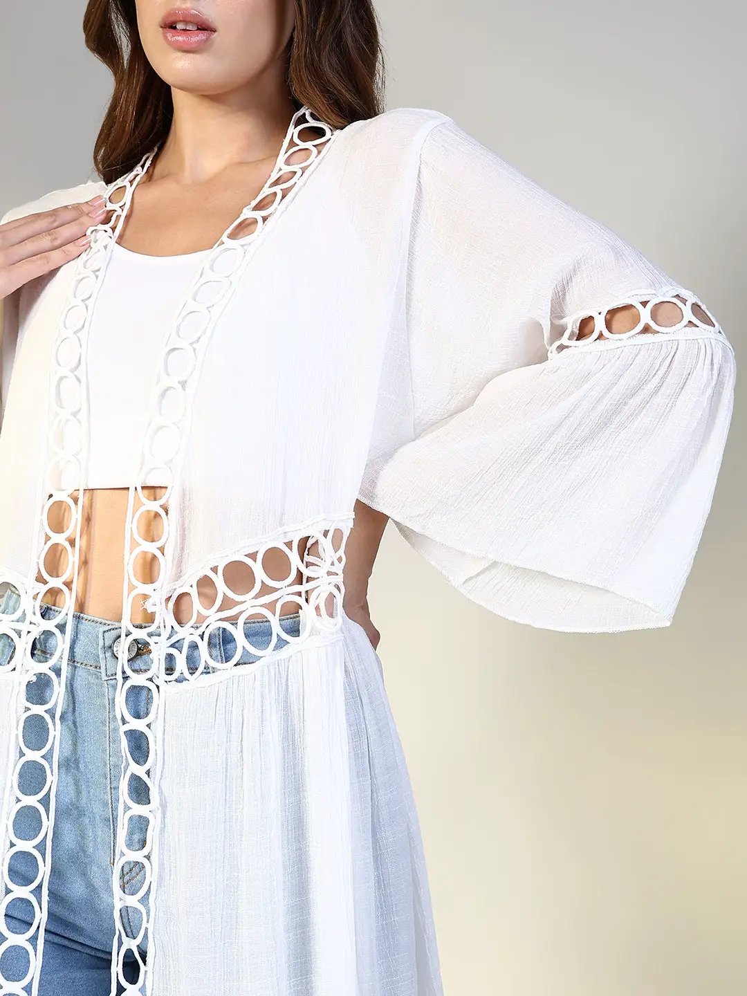 Women's White Cotton Bell sleeves Shrug with Cut Out Details