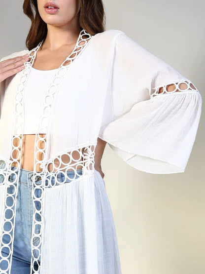 Women's White Cotton Bell sleeves Shrug with Cut Out Details