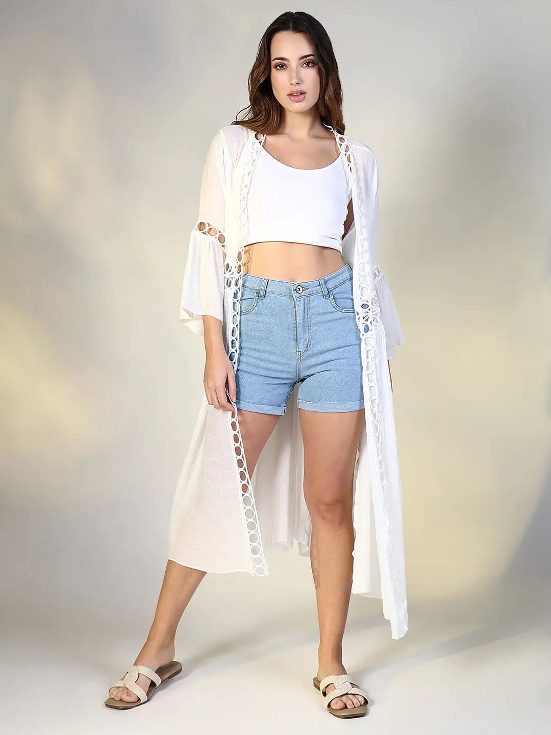 Women's White Cotton Bell sleeves Shrug with Cut Out Details