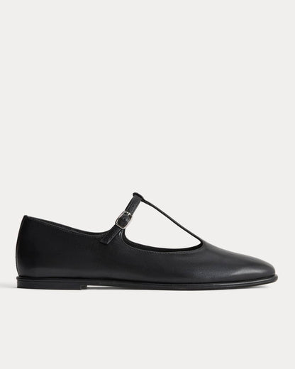 The Leather T-Strap Flat | Black