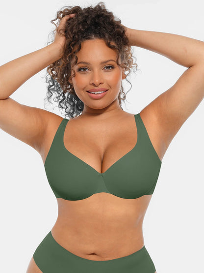 Front profile of an army green unlined bra featuring 3-layer smoothing and ultra-stretchable breathable fabric
