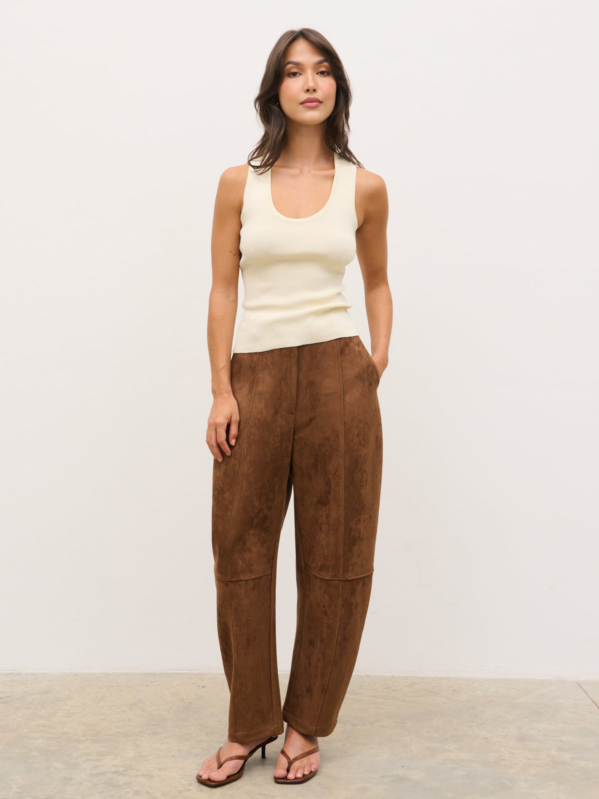 Ami Barrel Leg Suede Trousers - Tan Brown