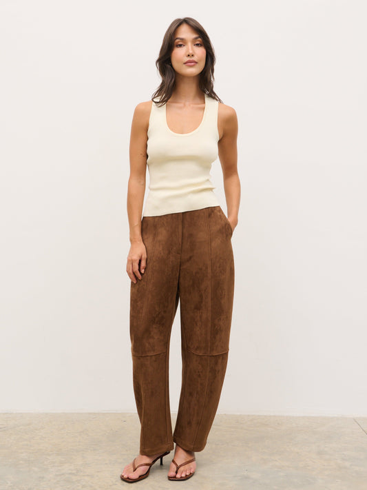 Ami Barrel Leg Suede Trousers - Tan Brown