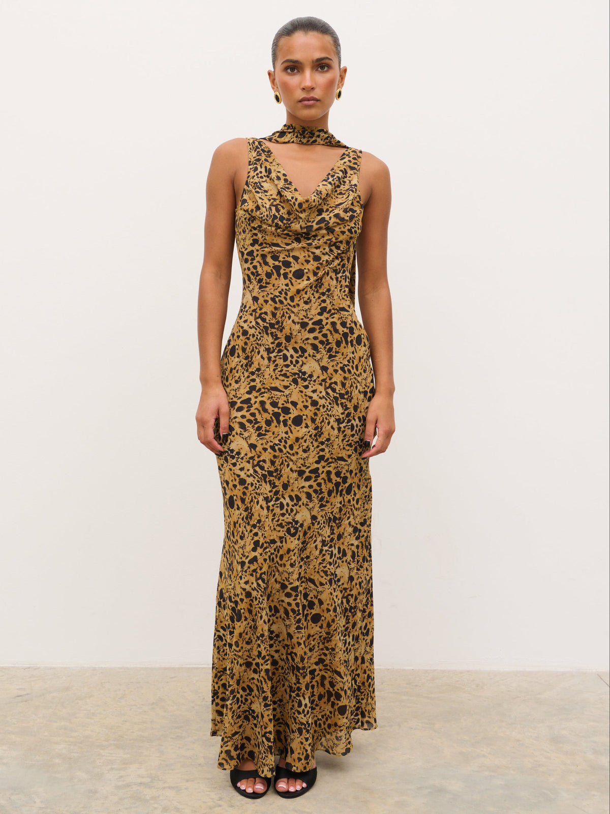 Arden High Cowl Scarf Maxi Dress - Abstract Leopard