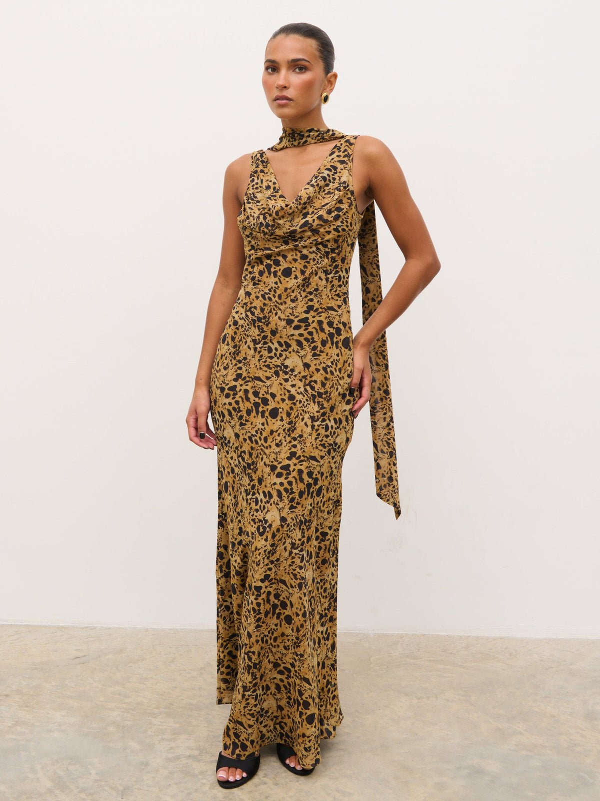 Arden High Cowl Scarf Maxi Dress - Abstract Leopard