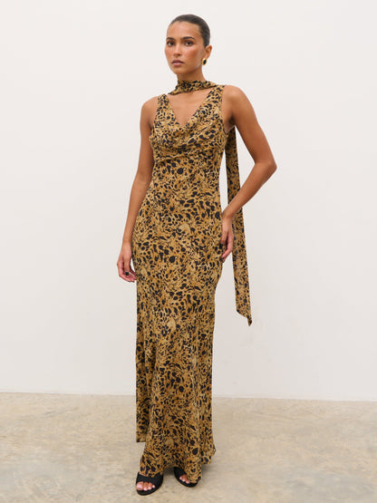 Arden High Cowl Scarf Maxi Dress - Abstract Leopard