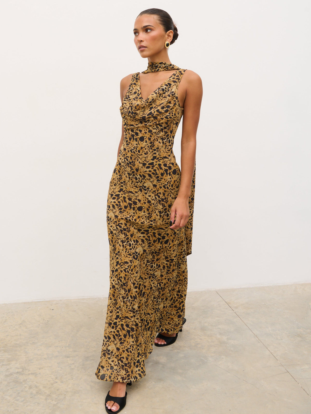 Arden High Cowl Scarf Maxi Dress - Abstract Leopard