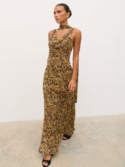 Arden High Cowl Scarf Maxi Dress - Abstract Leopard