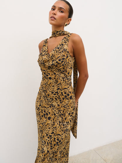Arden High Cowl Scarf Maxi Dress - Abstract Leopard