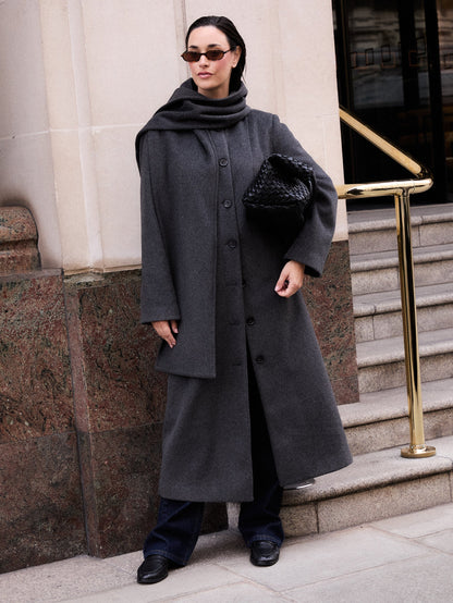 Ari Collarless Coat with Scarf - Grey