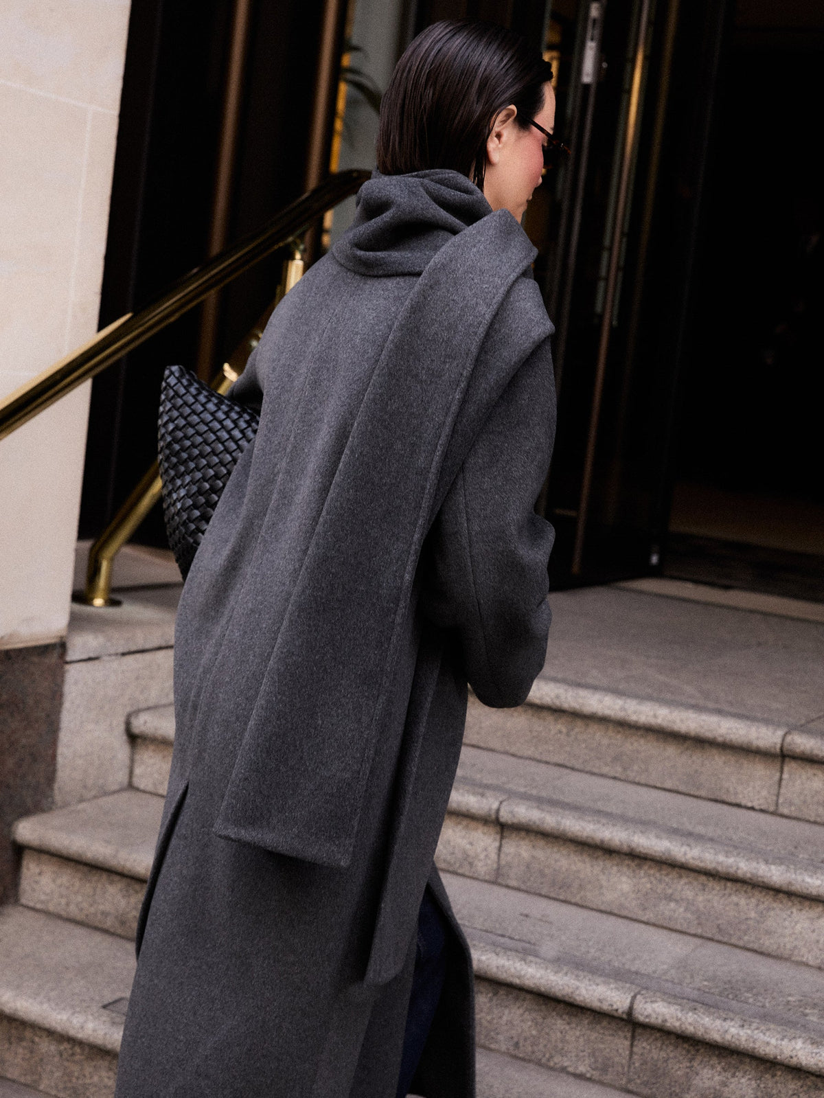 Ari Collarless Coat with Scarf - Grey