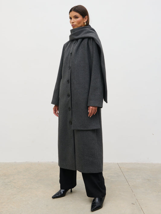Ari Collarless Coat with Scarf - Grey