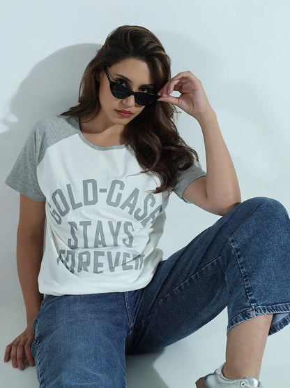 Women's Typography Printed White Relaxed Fit Raglan Sleeves T-Shirt