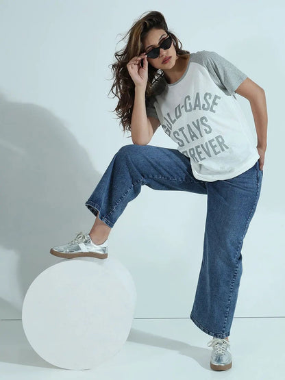 Women's Typography Printed White Relaxed Fit Raglan Sleeves T-Shirt