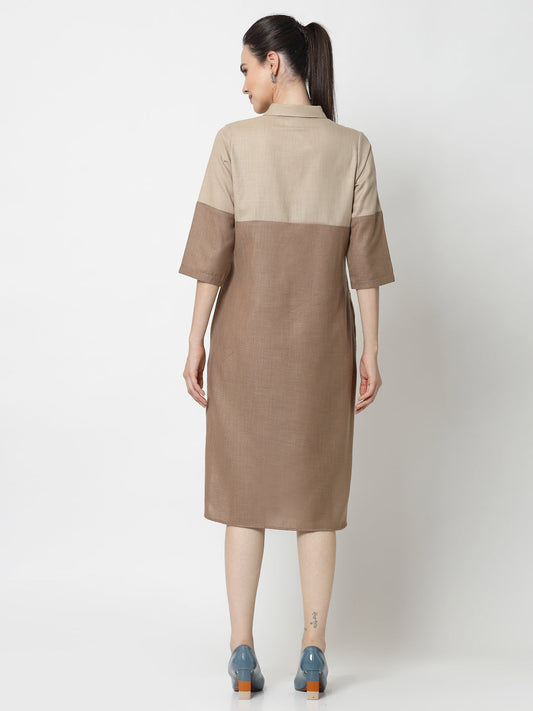 Beige Double Colour Dress With Embroidery