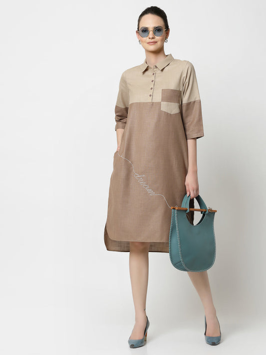 Beige Double Colour Dress With Embroidery