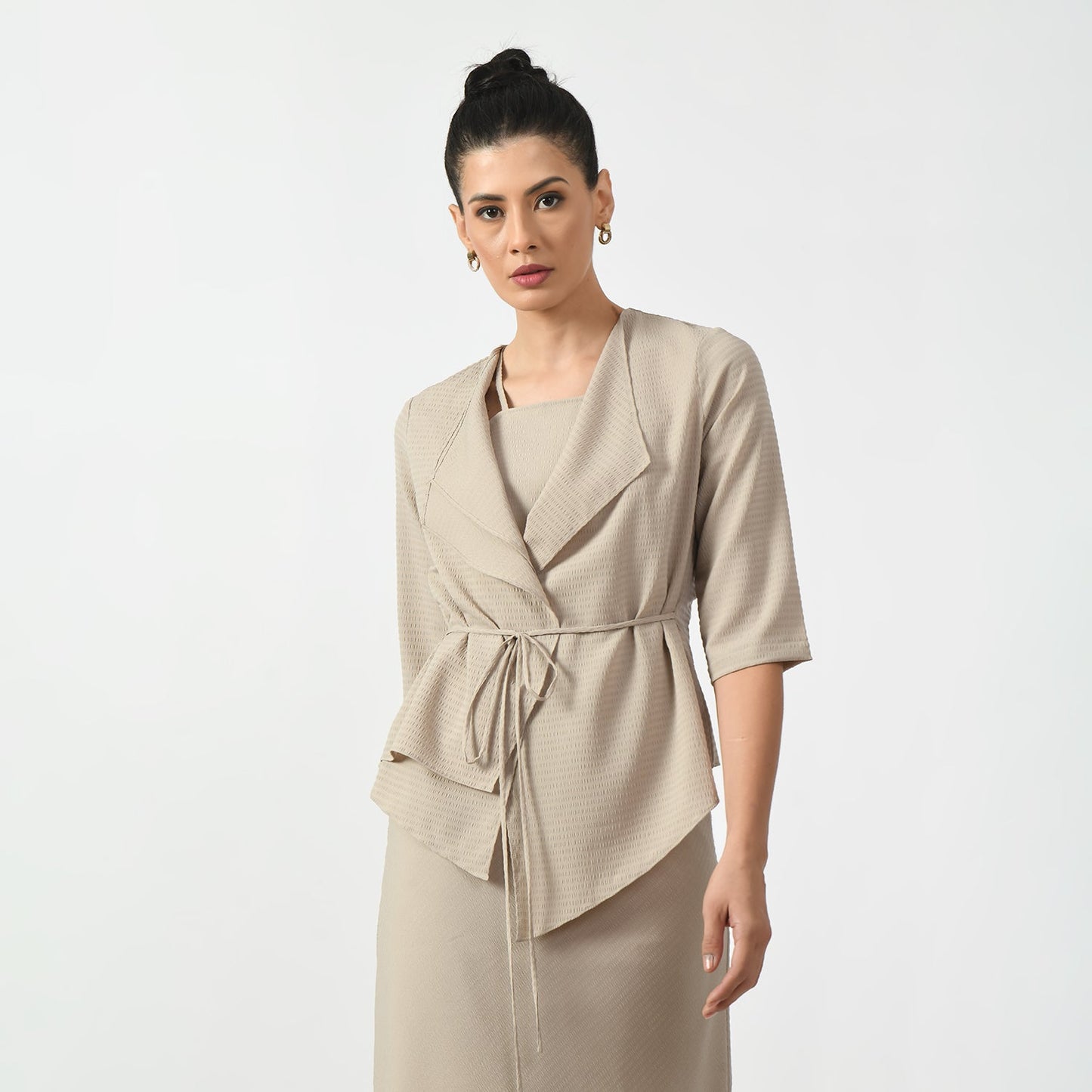 Beige Texture Jacket With Wrap And Tie Knot